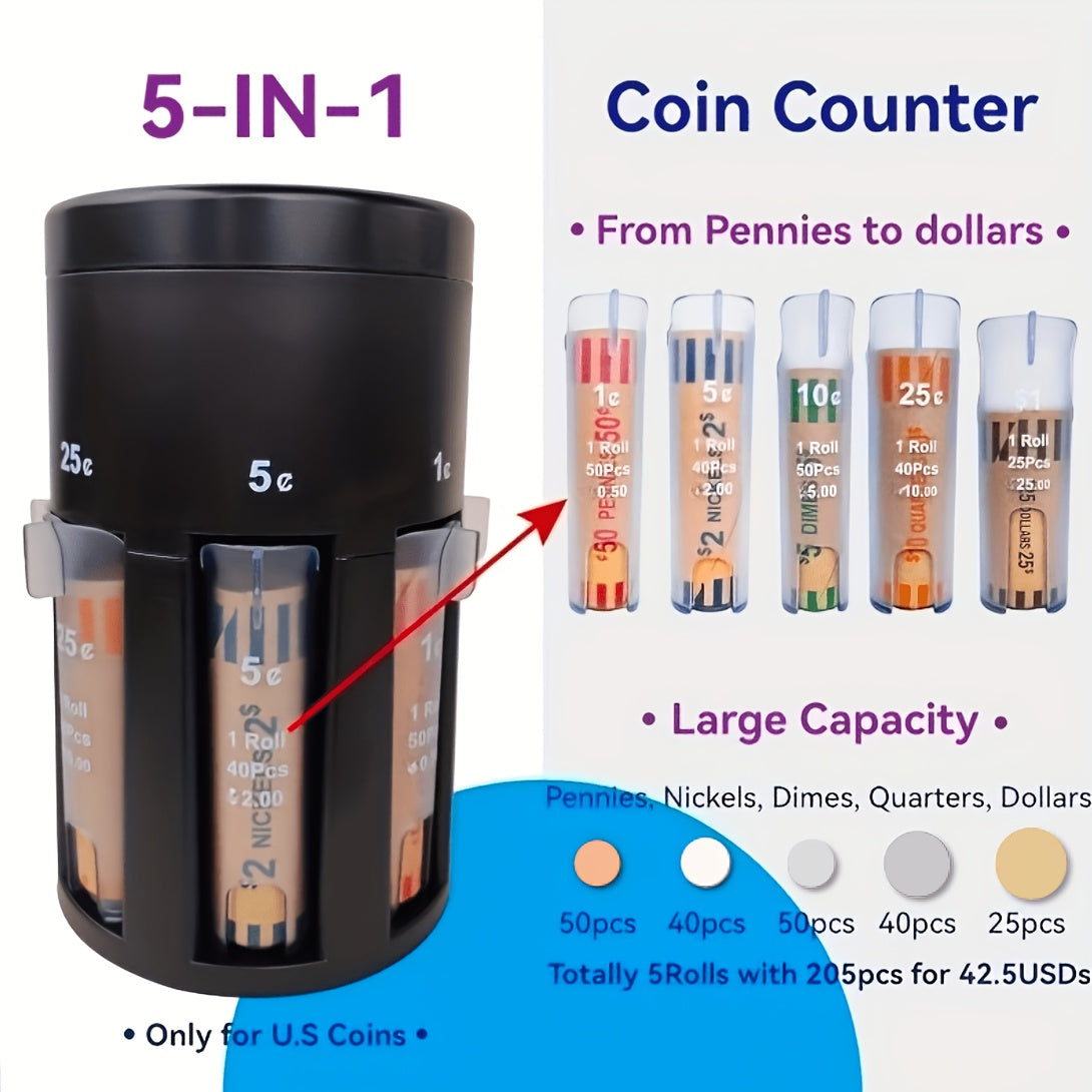 Coin Counter and Sorter 5-in-1 Rotatable Base Manual US Coins Organizer Sorts Pennies Nickels Dimes Quarters Half Dollars Home Office Kids Money Management Black