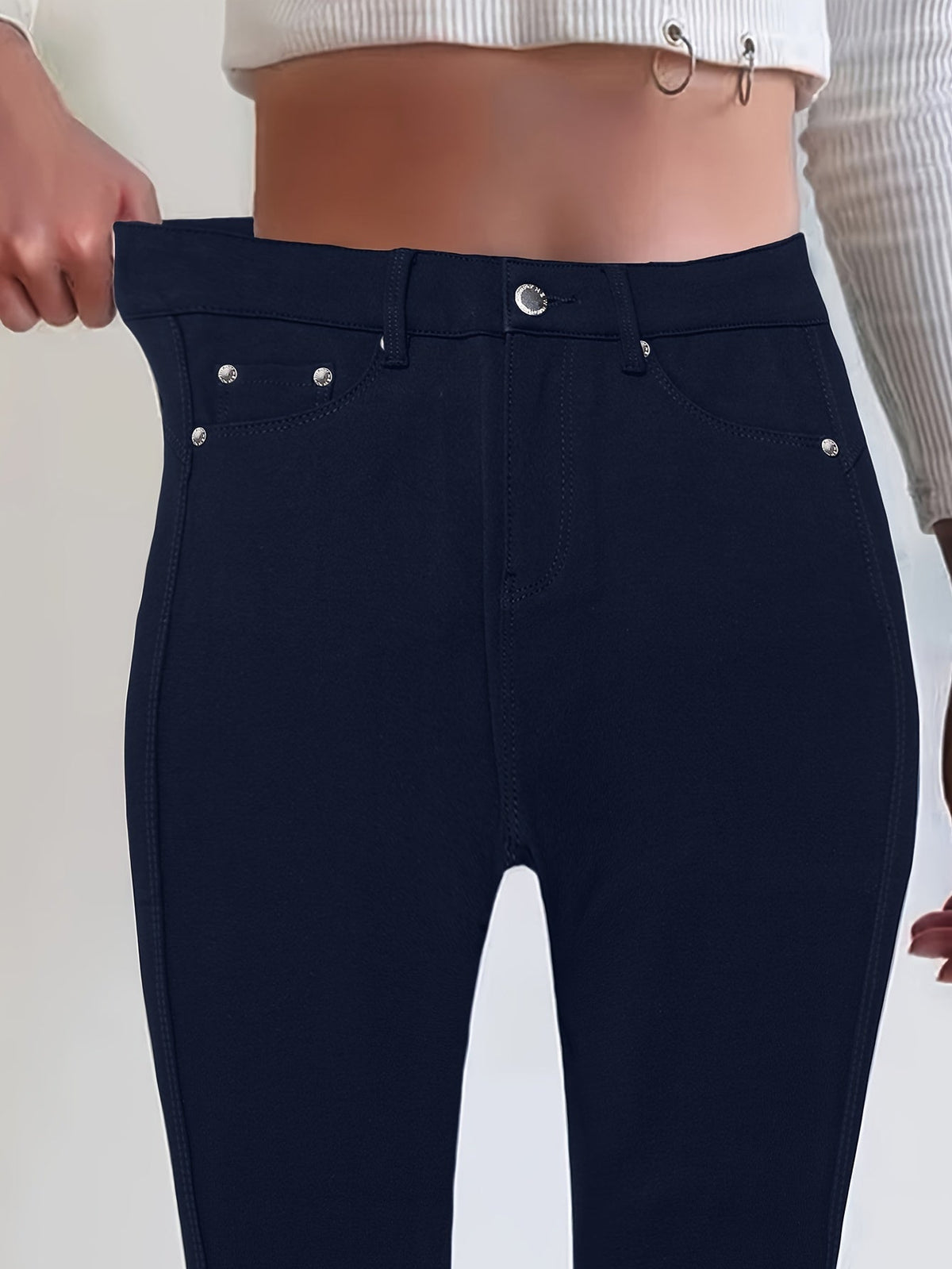 High Waist Stretch Skinny Jeans Women Metal Button Detail Street Style Slim Fit Denim Pants 10 Colors S-XXL
