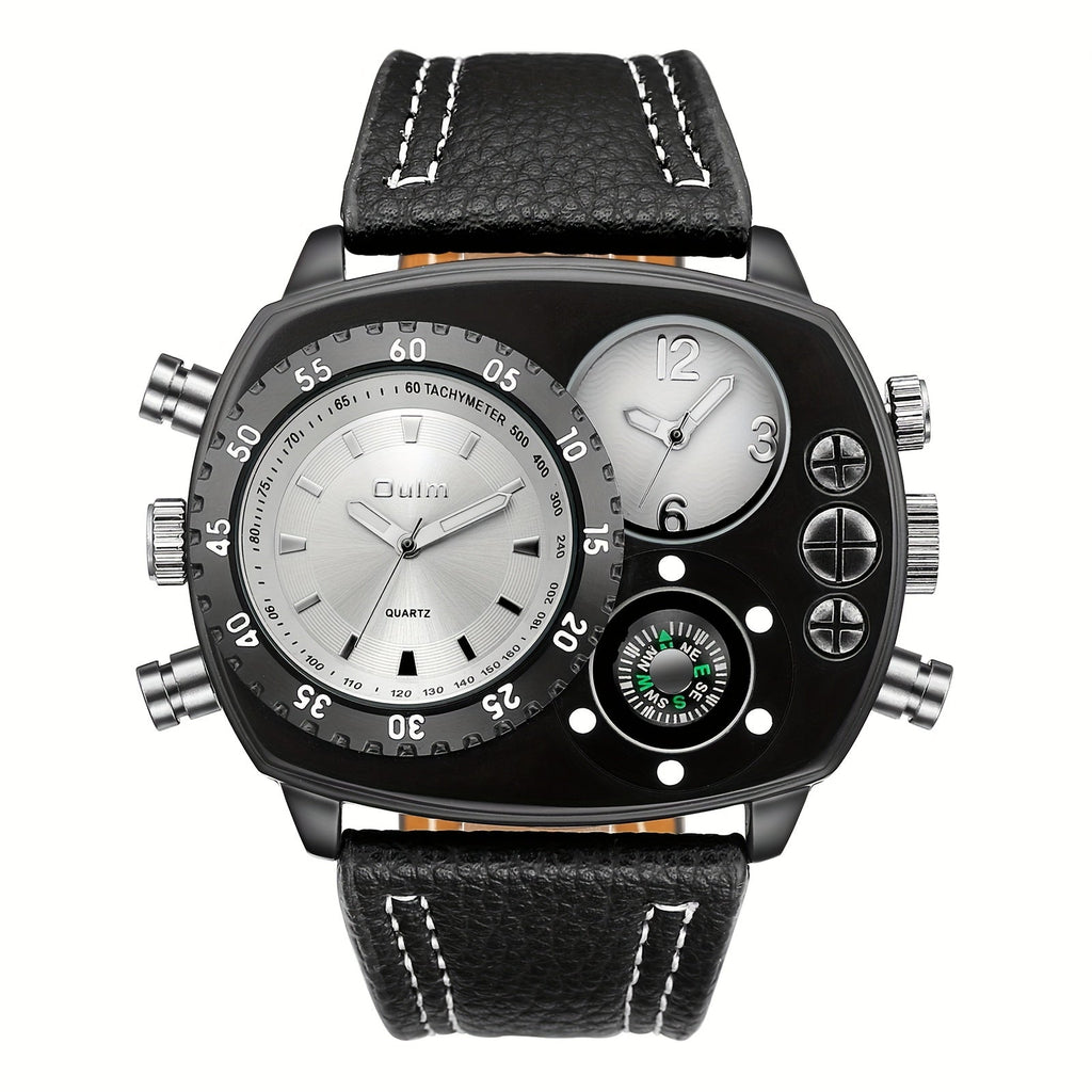 Men's Dual Time Zone Big Dial Quartz Watch – Faux Leather Strap, Luminous Hands, Stainless Steel Case, Casual Sports Wristwatch for Men, Perfect Gift
