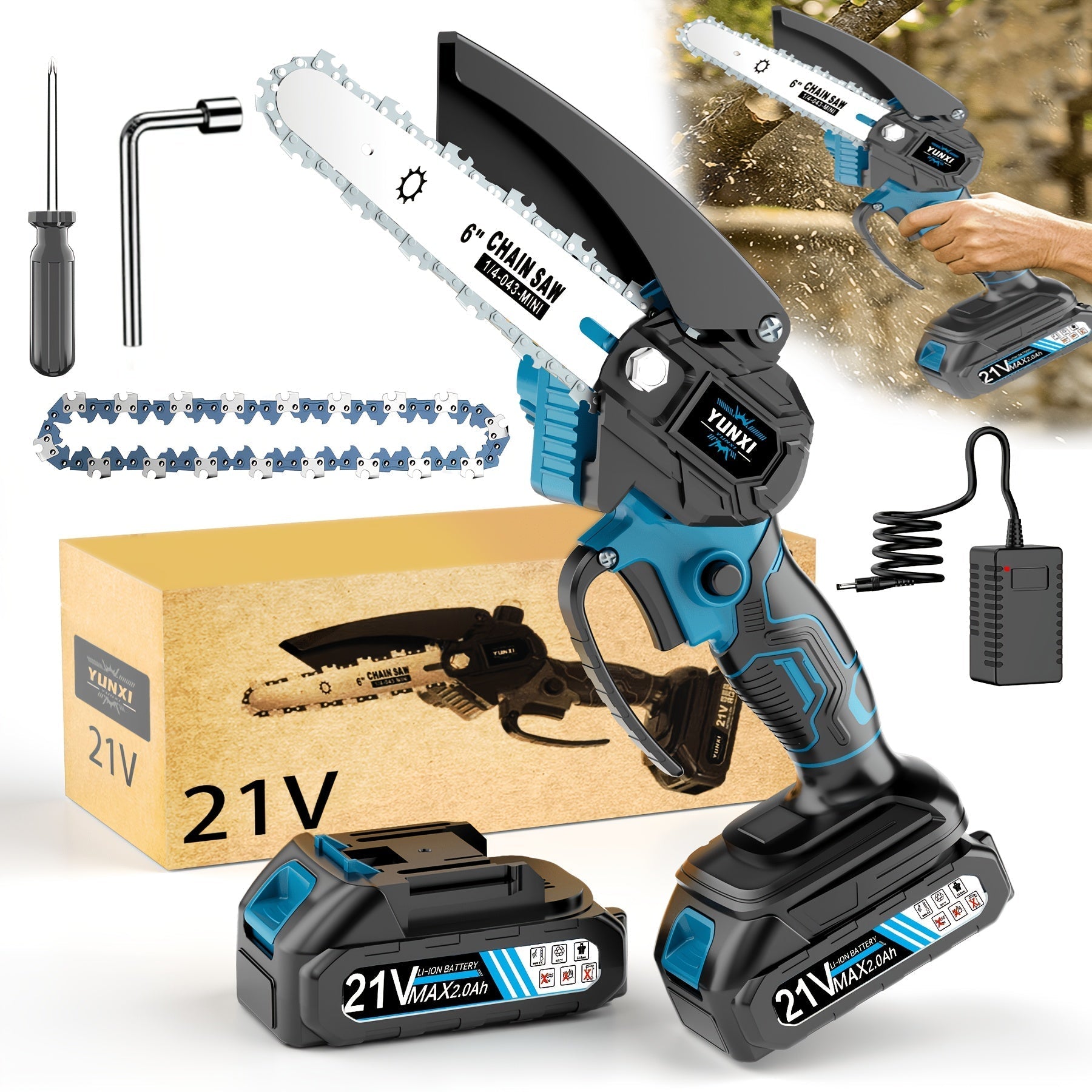 Mini Cordless Chainsaw Portable Handheld Electric Tree Cutter with Splash Guard Security Lock Rechargeable Battery for Garden Yard Branch Pruning