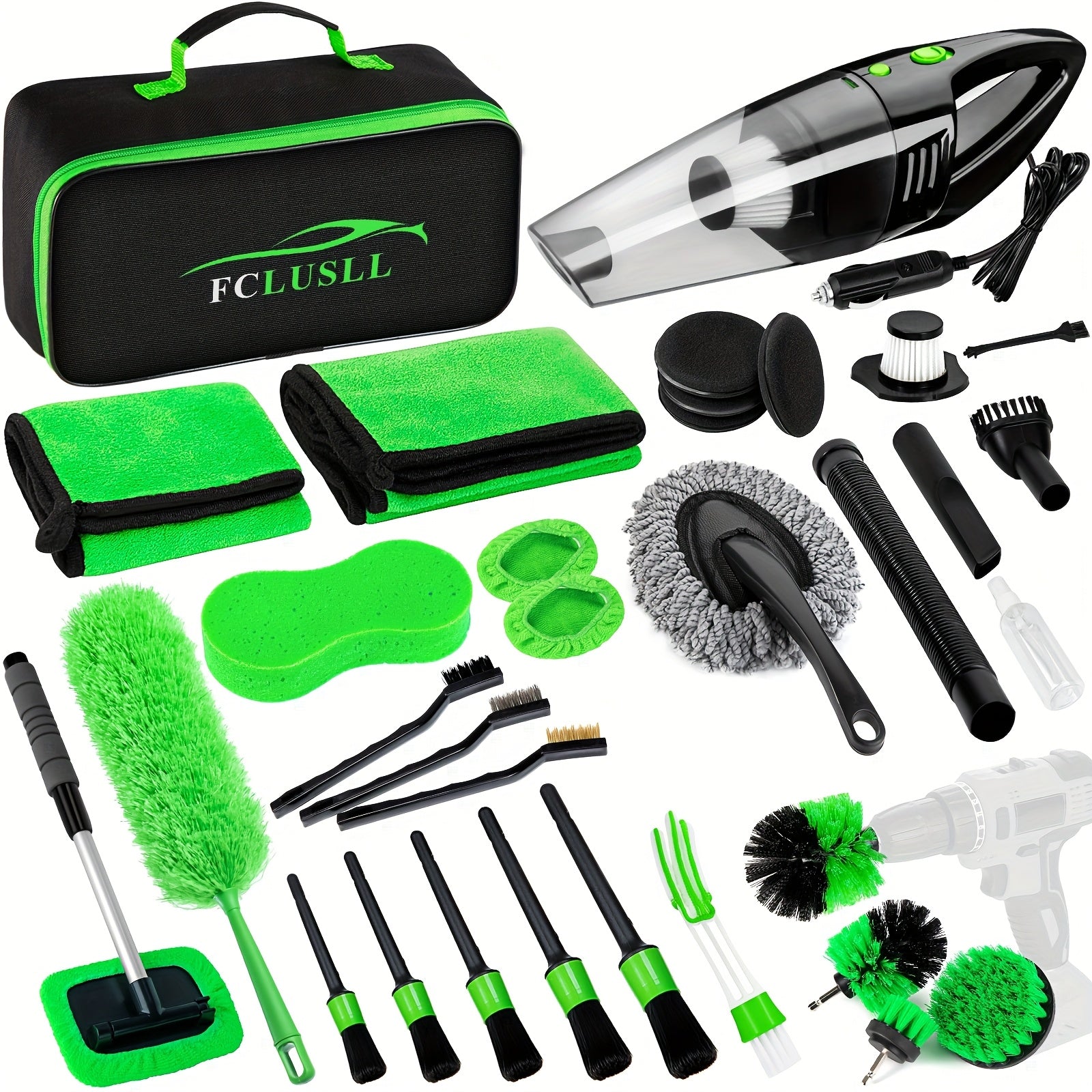 Car Cleaning Kit 17-35 Piece – Portable Vacuum Cleaner, Windshield Cleaning Tool, Drill Brush Set & Interior Brush Set for Full Car Detailing, Holiday Gift for Family & Friends
