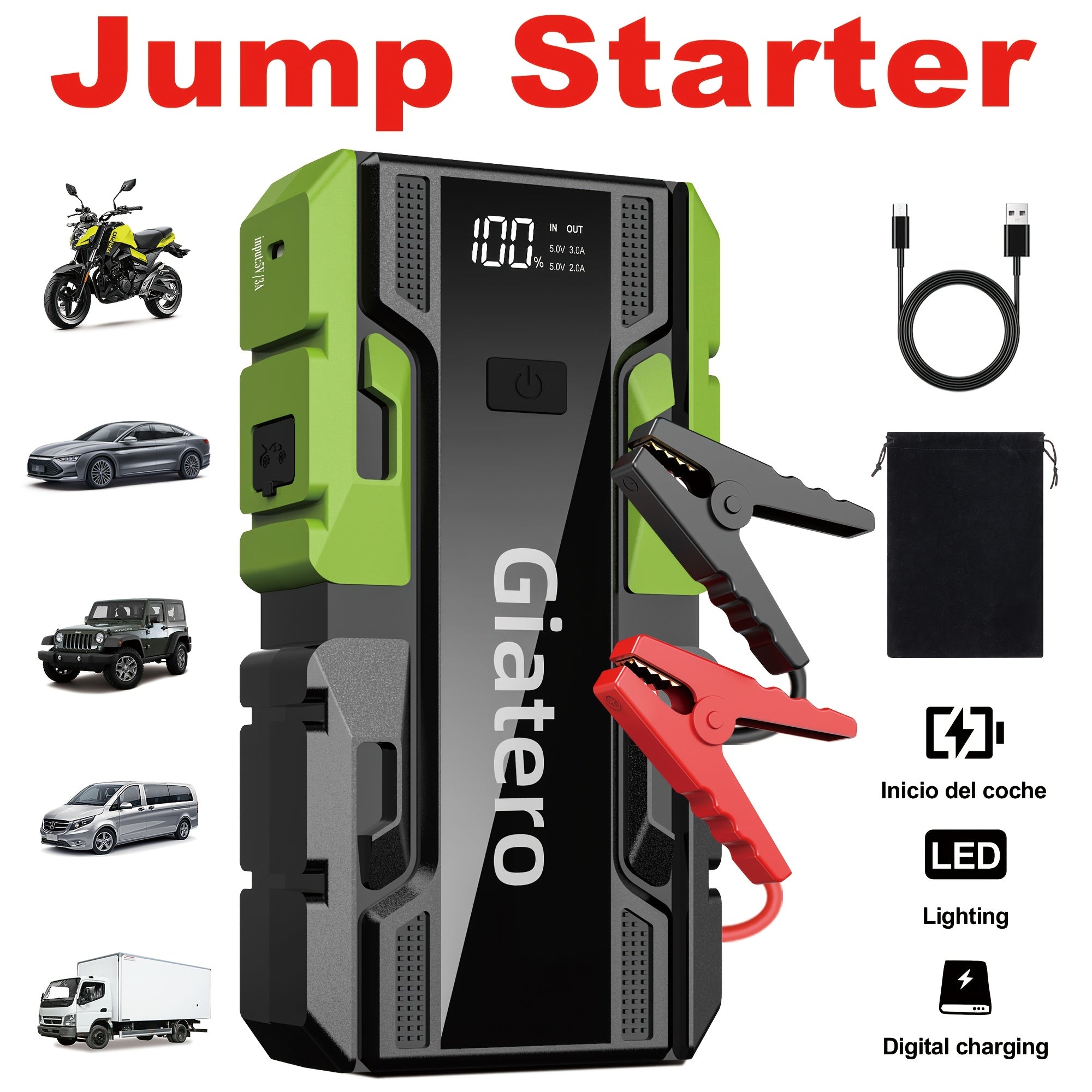 12V Portable Car Jump Starter with Built-In Air Compressor Tire Inflator – Emergency Battery Booster for Gas (3.7 Gal) & Diesel (3.17 Gal) Engines, Trucks & Cars Emergency Starter Power Supply
