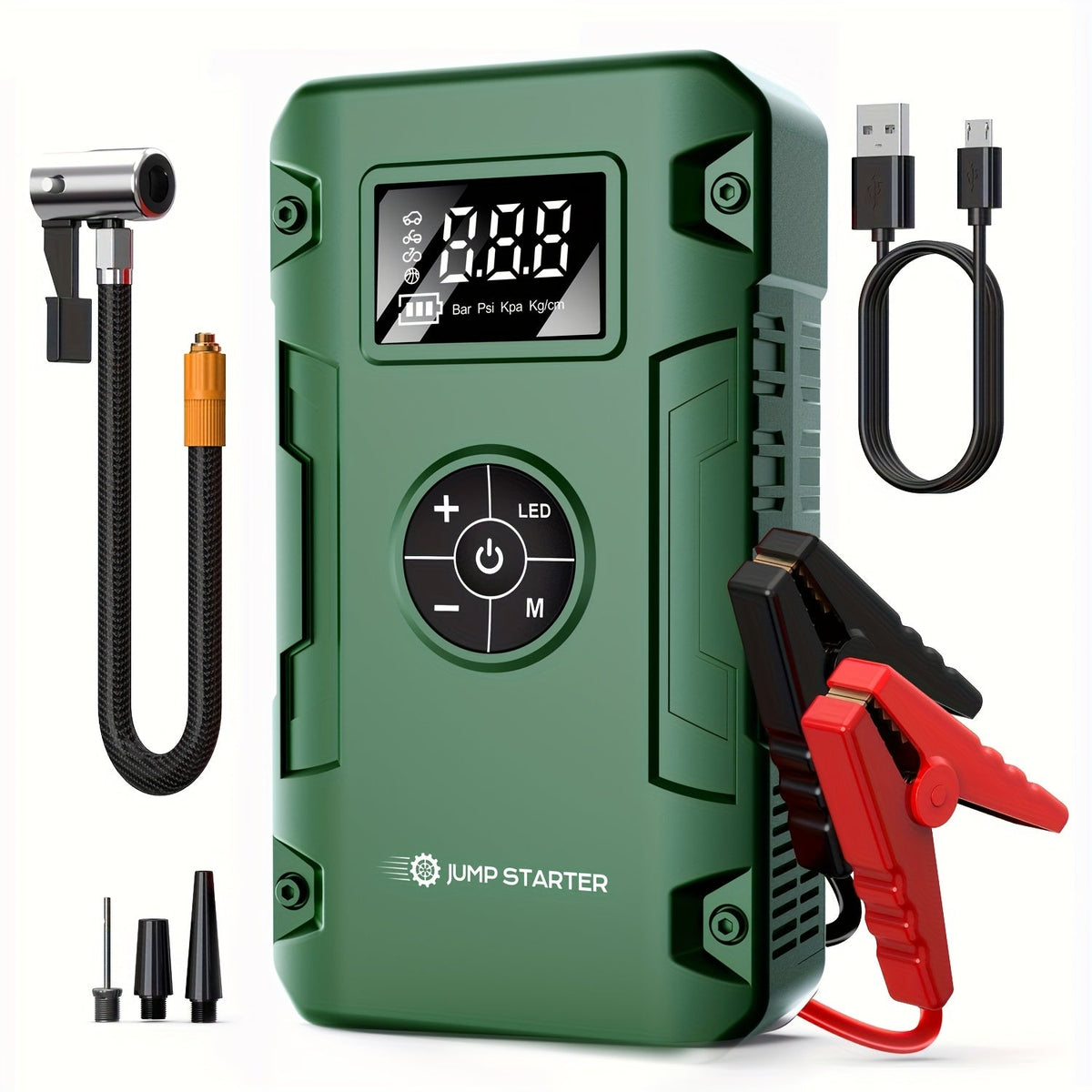 10000A Car Jump Starter 7-in-1 with 150PSI Air Pump – Portable Battery Booster for Gas Up to 10L & Diesel Up to 8L, Power Bank, Vehicle Emergency Kit