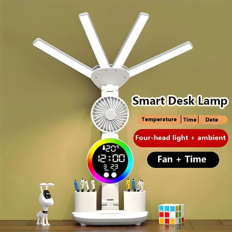 Smart Touch LED Desk Lamp USB Powered Dual-Head Dimmable Color-Changing with Built-In Fan Night Light Eye-Friendly for Home Office Dorm Study Bedroom No Battery Required