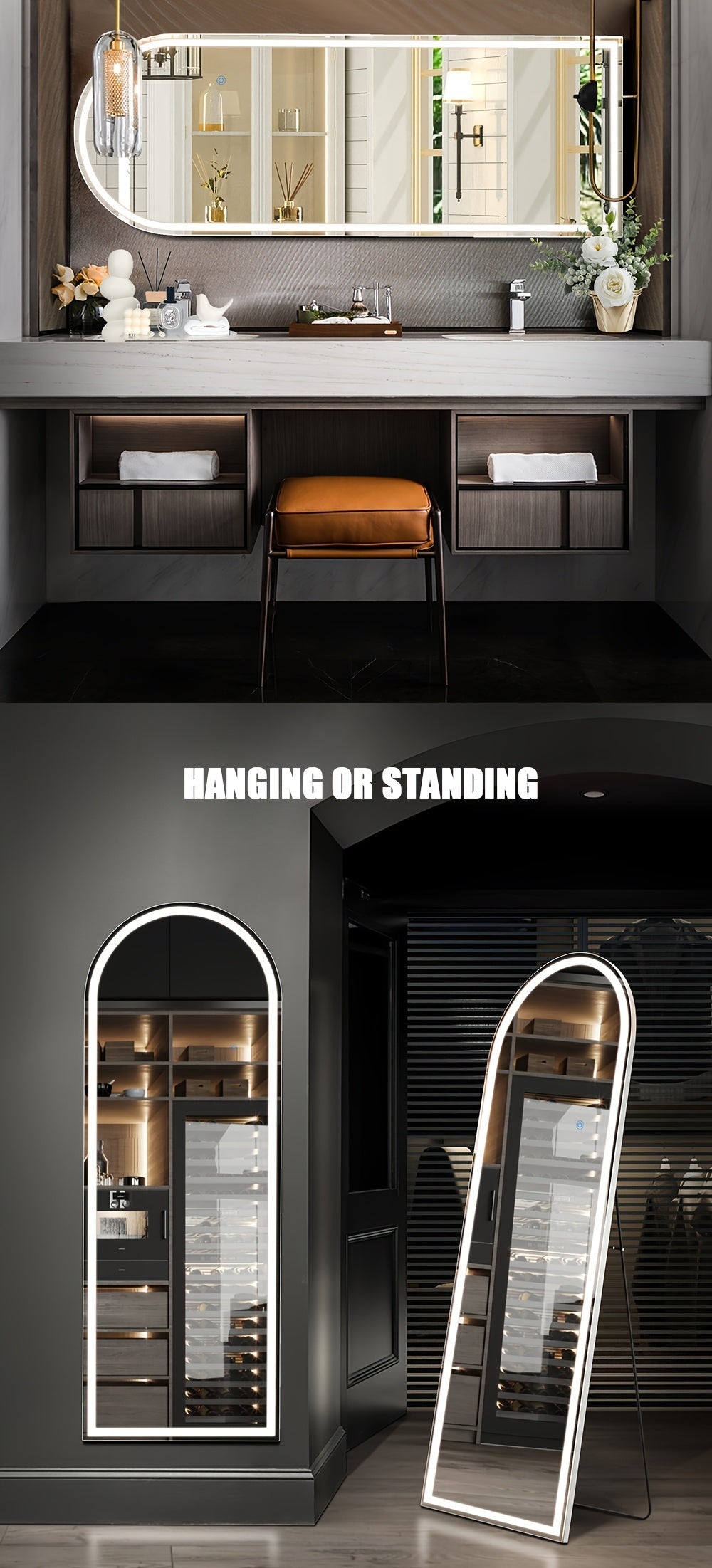 Full Length Floor Mirror with LED Lights - Arched & Rectangle Top, Aluminum Frame, 71" Standing Dressing Mirror for Bedroom & Living Room, Black Gold White, 5mm Tempered Glass