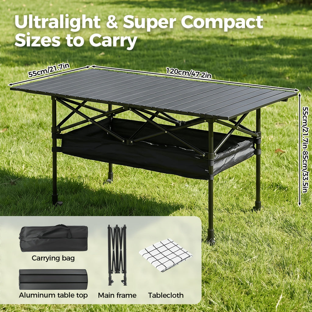 Portable Folding Camping Table Aluminum Lightweight Outdoor Picnic Table with Mesh Storage Bag & Carry Bag – Height Adjustable 37.4", Easy to Store, for Camping, Beach, Backyard, BBQ, Party & Patio