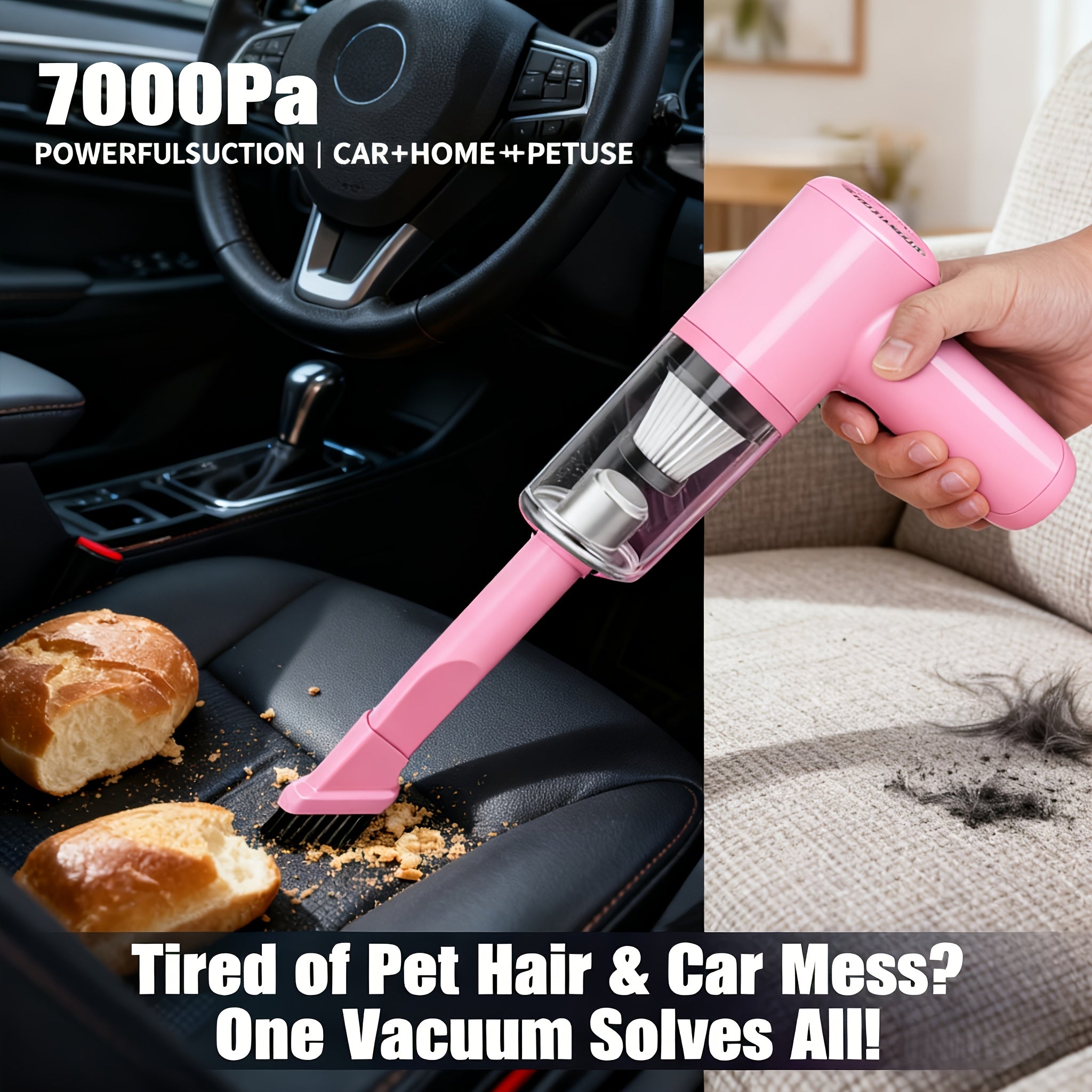 Cordless Car Vacuum Cleaner 7KPa Strong Suction 80dB Quiet Operation 3 Nozzles Rechargeable Handheld Portable Auto Vacuum for Car Interior Home Pet Hair Women Gift Car Accessories