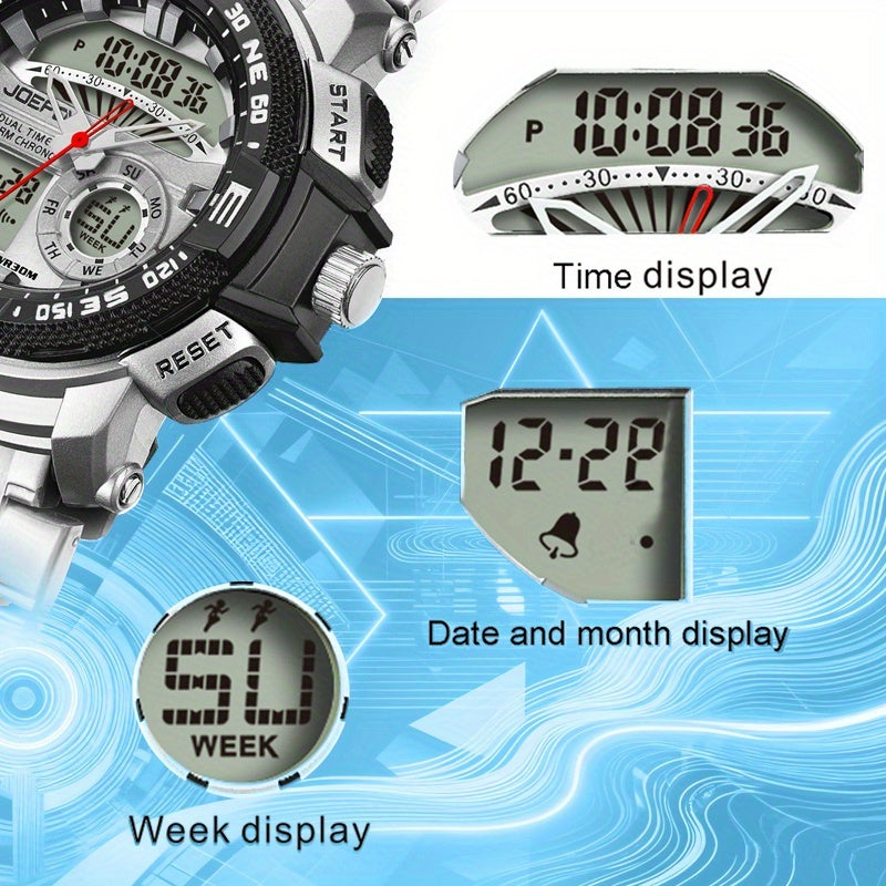 Dual Display Sport Watch for Men Large Face – LED Night Light 3ATM Waterproof Chronograph Alarm Calendar Field Military Style Wristwatch Gold Silver, Perfect Gift for Him