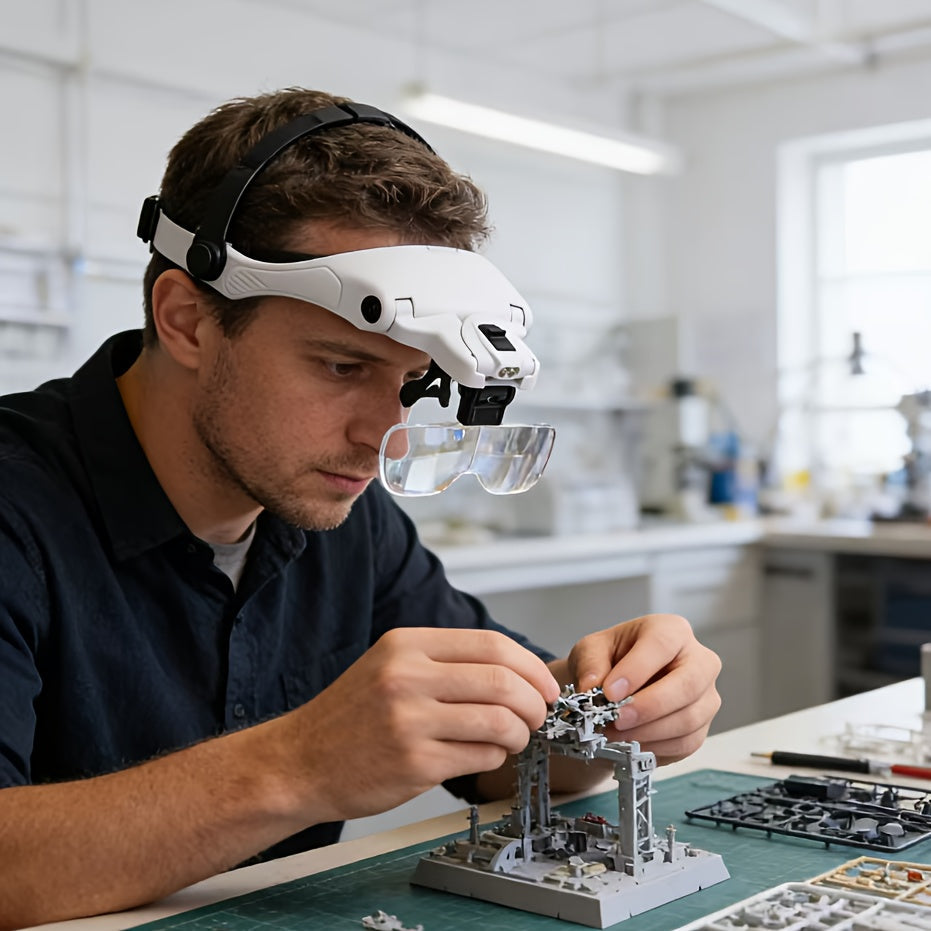 Head Mounted Magnifier with LED Light and 5 Interchangeable Lenses 1.0X to 3.5X – Adjustable Headband Magnifying Headset for Jewelry Making Electronics Repair Model Building Soldering Reading and Precision Work