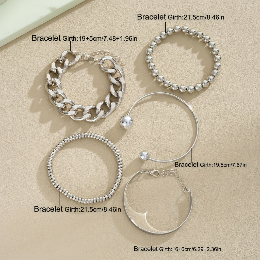 5-Piece Chunky Wide Chain Beaded Bracelet Set for Women – Stackable Layering Fashion Jewelry, Gold & Silver Tones, Perfect for Daily Wear, Dating, Vacation, Parties & Gifts for Girlfriend