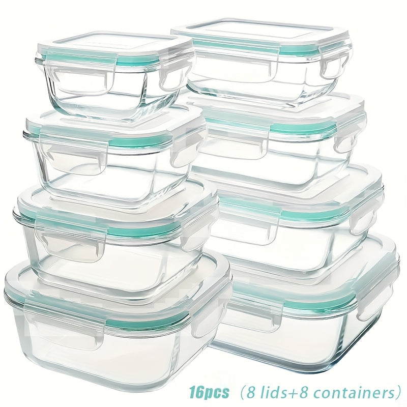 Borosilicate Glass Food Storage Containers 16-Piece Set 8 Sizes – Leak-Proof Lids, Oven Safe to 752°F, Microwave Dishwasher Freezer Safe, Stackable Meal Prep Containers for Leftovers & Lunch