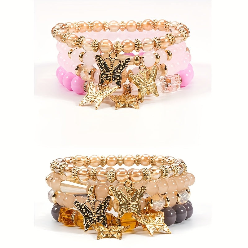 Butterfly Beaded Bracelet Set for Women Boho Stackable – 4 8 16pcs Sparkle Multi-Layered Elastic Charm Bracelets, Bohemian Wrist Jewelry Perfect Birthday Holiday Gift for Her