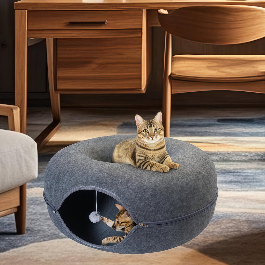 Cat Tunnel Bed with Donut Hole Indoor Hiding Place - All-Season Collapsible Soft Plush Cat Cave Bed for Indoor Cats, Dark Gray & Light Gray, 20 & 24 Inch, Perfect Cat Gift