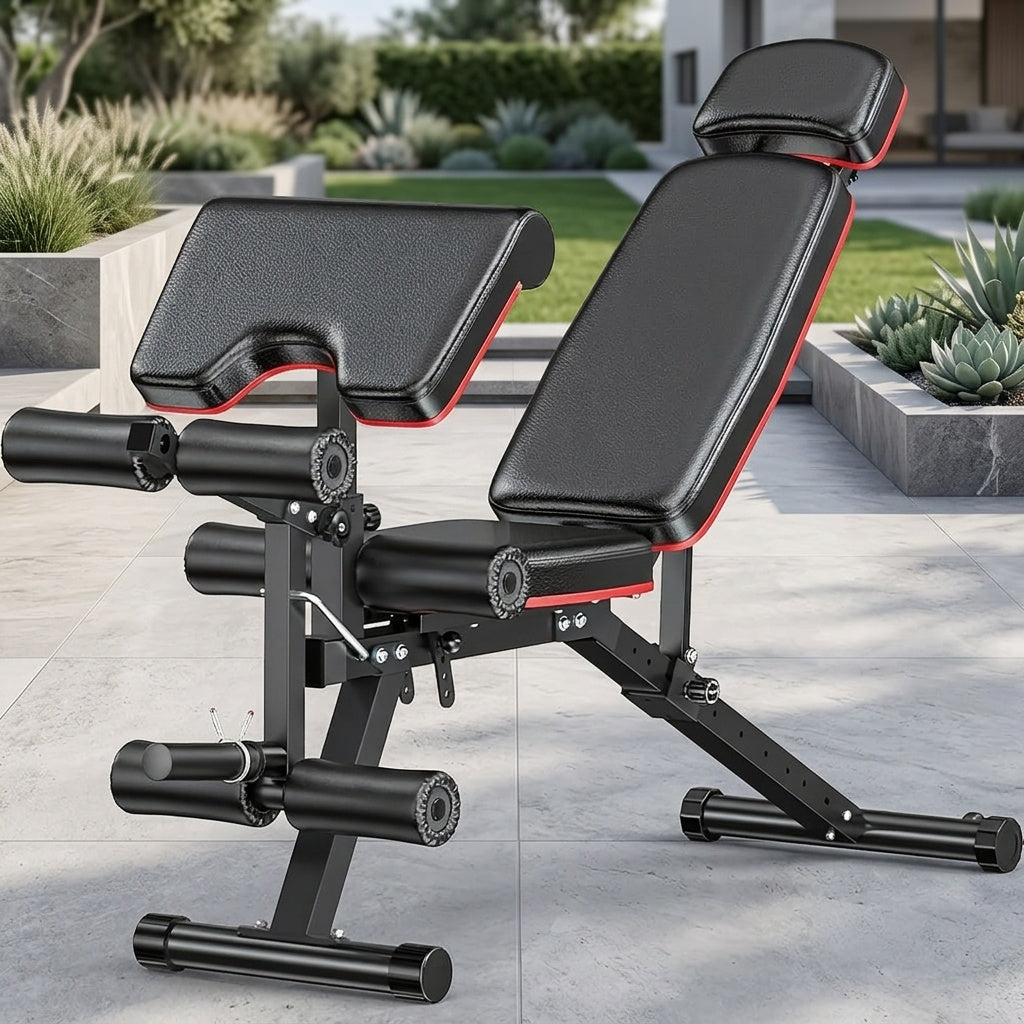 Foldable 6-in-1 Adjustable Weight Bench 770 LBS Home Gym – Flat Incline Decline Strength Training with Resistance Bands Preacher Curl Pad & Leg Developer for Full Body Workouts
