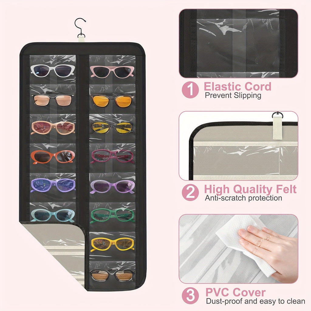 32-Slot Hanging Glasses Organizer – Double-Sided Wall Mount Sunglasses & Eyeglasses Holder with 360° Rotatable Hook, Dustproof Clear PVC Slots for Jewelry, Watches & Headbands, Travel Friendly