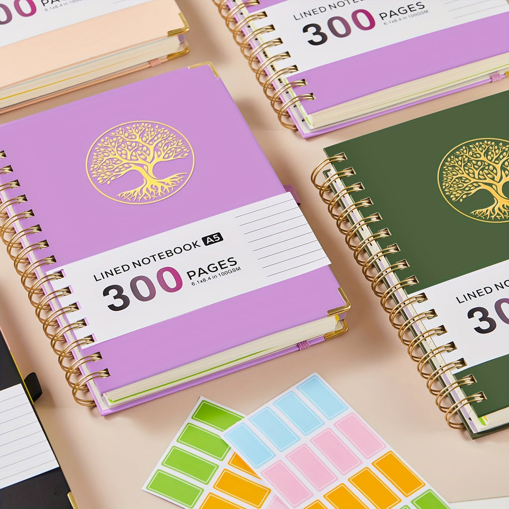 A5 Hardcover 5-Subject Spiral Notebook 300 College-Ruled Pages with Removable Divider Tabs Built-In Pocket 6.1x8.4 Inch Lined Journal for Students Work School Note Taking Purple Green Pink Black