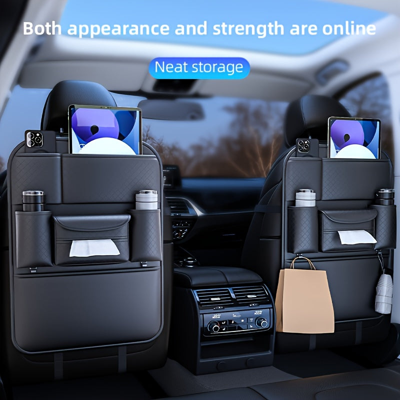 Car Seat Back Organizer PU Leather Large Capacity Multi-Pocket Backseat Storage Bag for Water Bottles Tablets Laptops – Classic Black Stylish Auto Interior Organizer for Cars SUVs Trucks