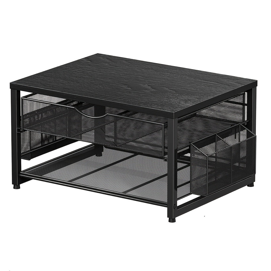 Metal Printer Stand with Storage Drawer & 2 Pen Holders – 2-Tier Desktop Organizer for Home Office, Printer Table for Scanner Fax Machine Files, Wood & Wood Black Finish