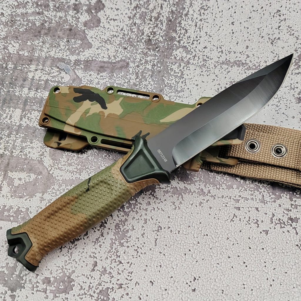 Outdoor Fixed Blade Knife – Stainless Steel Straight Blade, Non-Slip Handle, K-Type Sheath, EDC Hunting Fishing Camping Survival Knife, Camouflage, Multi-Purpose Field Tool for Men