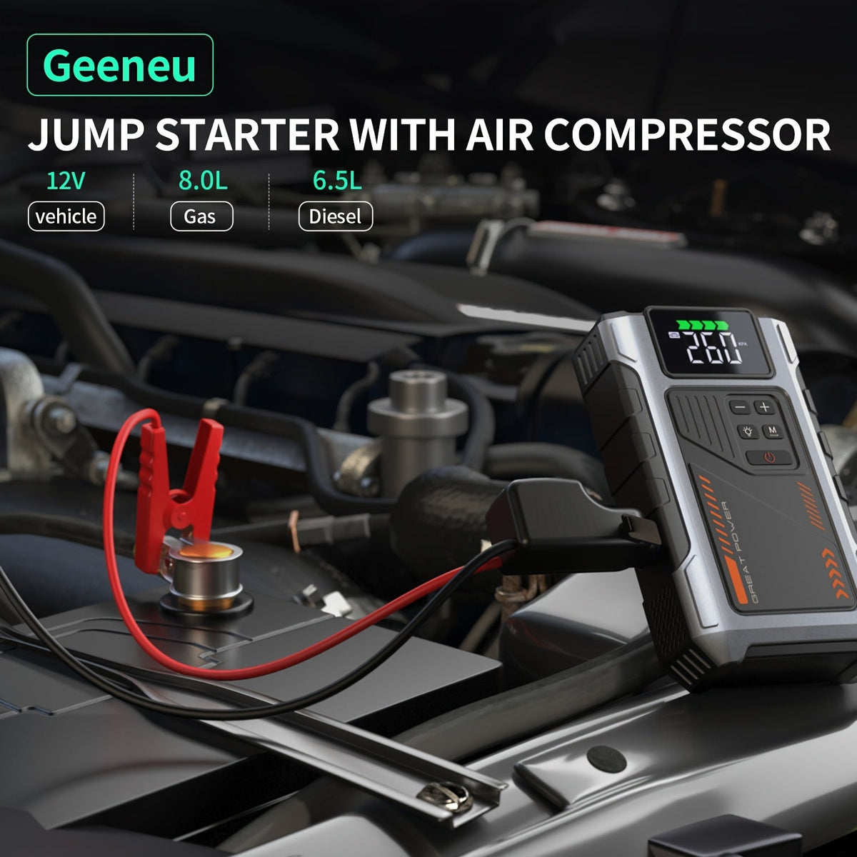 8000A Portable Jump Starter with Air Compressor 12V Battery Booster for 8.0L Gas 6.5L Diesel Engines USB Charging Ports LED Flashlight Jump Box for Cars Trucks SUVs Motorcycles