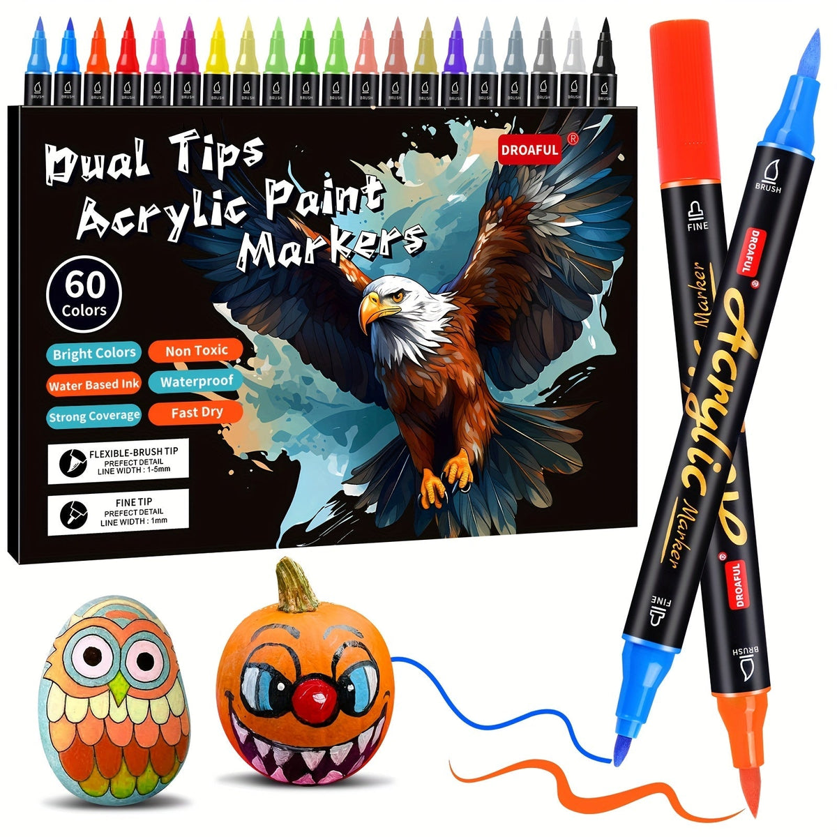 Acrylic Paint Markers 60 Colors Dual Tip Waterproof Paint Pens for Rock Painting Fabric Glass Wood Canvas Ceramic Non-Toxic