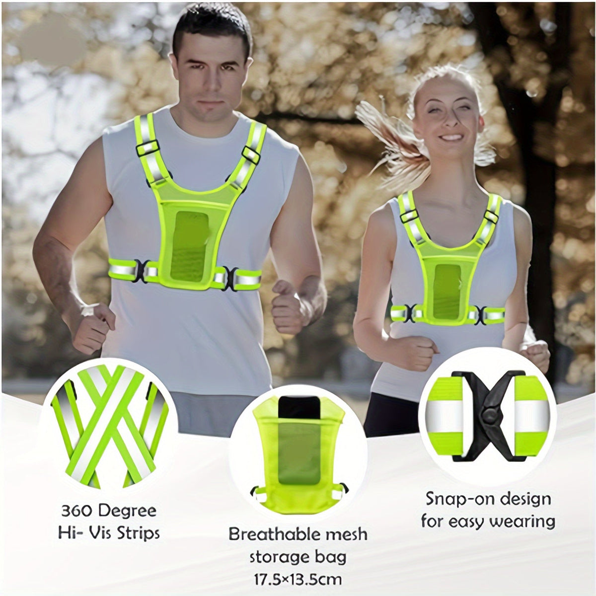 Reflective Running Vest 2-Pack with Phone Holder & 2 Reflective Bracelets – High Visibility Safety Gear for Men Women Jogging Dog Walking Cycling