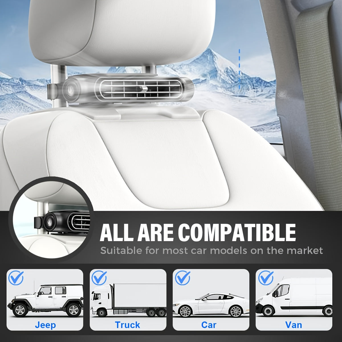 Bladeless USB Car Fan 3-Speed Quiet Cooling Plug-and-Play Seat Fan for Car SUV Truck Universal Fit Safe for Kids Pets Summer Driving Commute Road Trip White Black