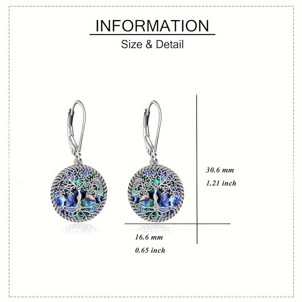 Tree of Life Abalone Shell Dangle Earrings 925 Sterling Silver – Boho Spiritual Iridescent Drop Earrings for Women, Hypoallergenic Nature Jewelry Perfect Birthday Mother's Day Gift for Her