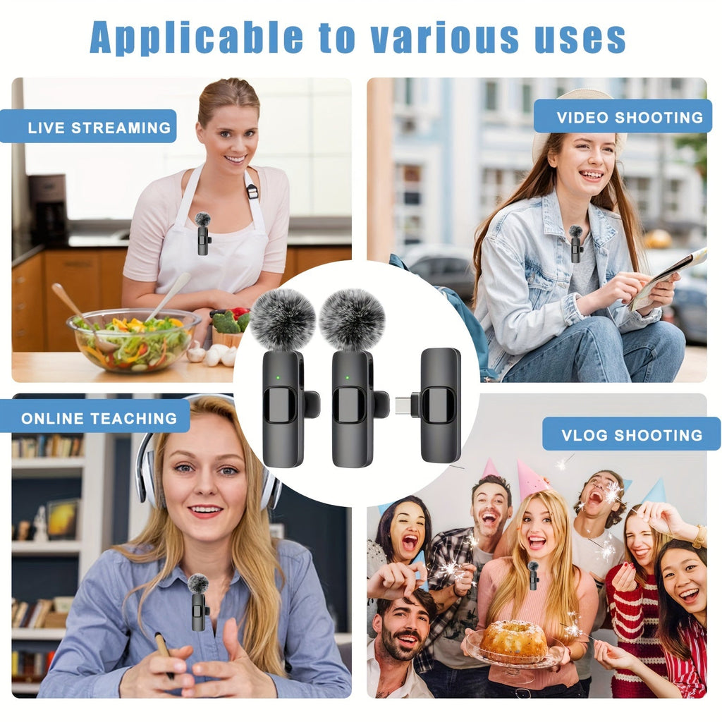 Clip-On Wireless Lavalier Microphone with 360° Omnidirectional Pickup, Noise Reduction & USB-C Rechargeable – 2-in-1 Voice Control for Streaming, Podcasts, Vlogging & Recording, Black & Pink