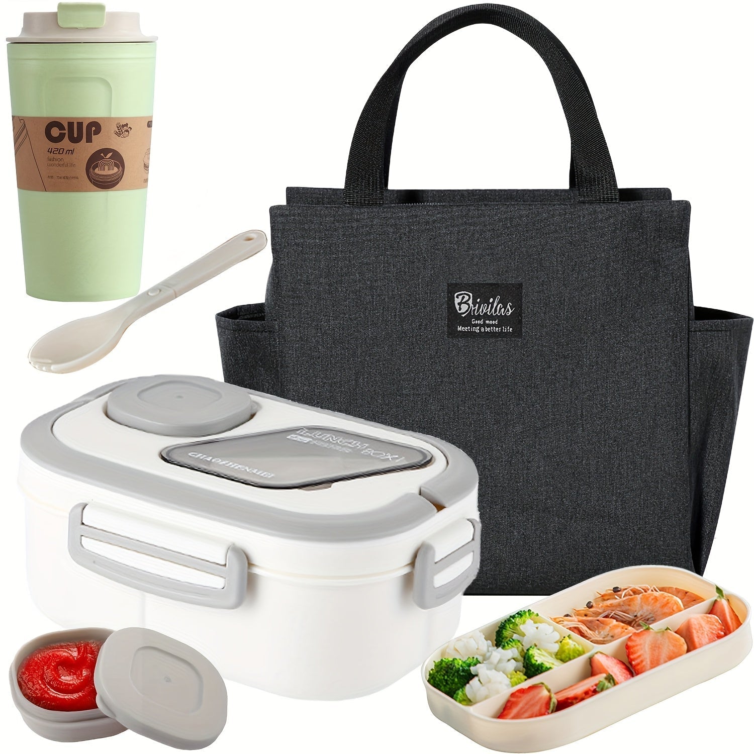 2-Layer Bento Lunch Box Set with Cup & Insulated Lunch Bag – Multi-Grid Leakproof Food Container for School, Office & Picnic, Choose Salad, Coffee, Milk or Soup Cup, Pink Green Blue White
