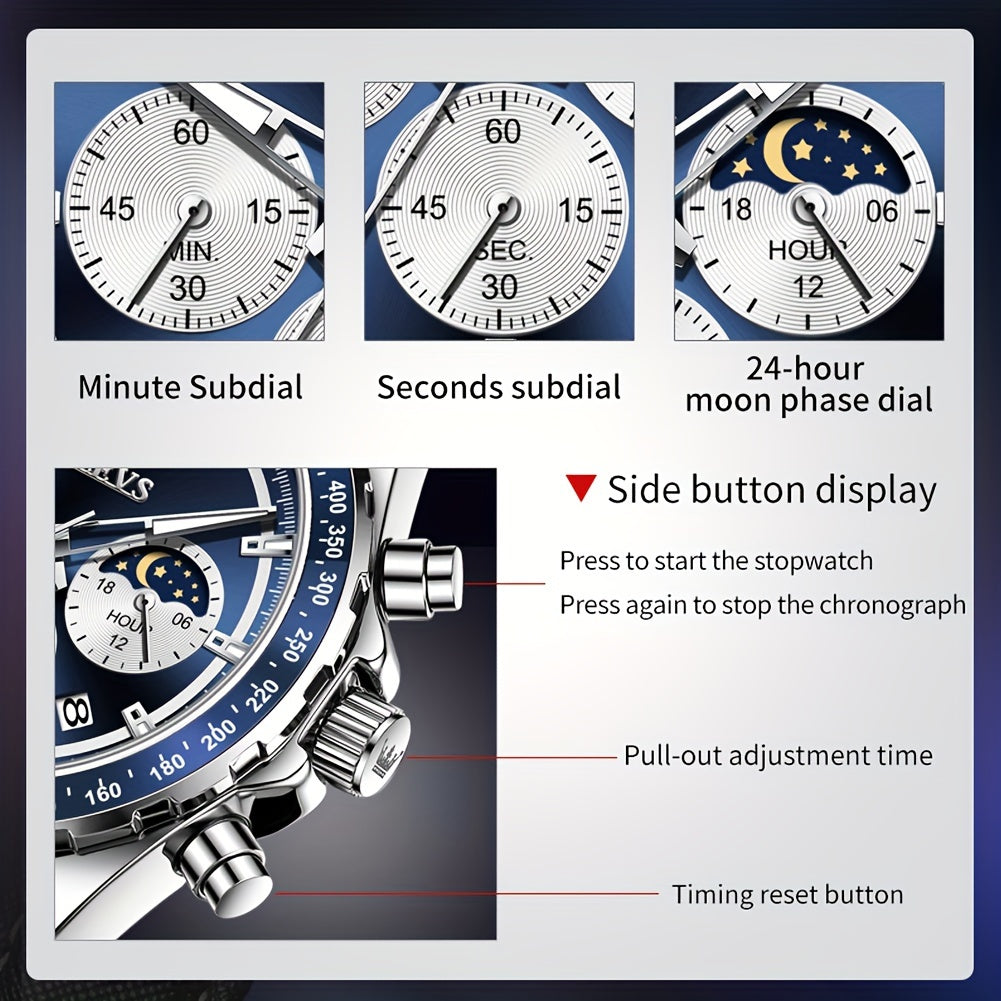 OLEVS Men's Luxury Moon Phase Quartz Watch Big Face Chronograph Leather Strap – Waterproof Luminous Calendar Dress Wristwatch 4 Colors, Birthday Father's Day Gift for Him Blue Black White Green