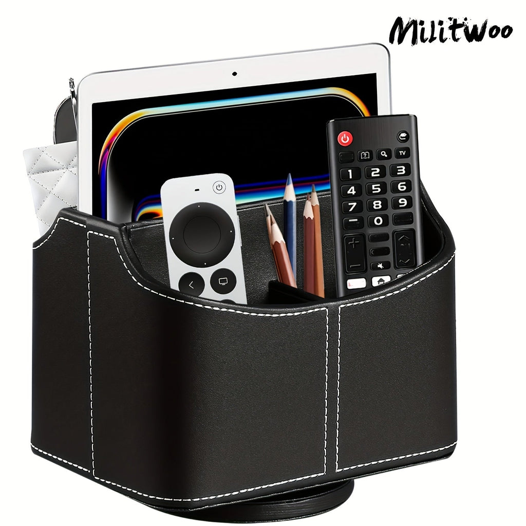 360 Swivel Remote Control Holder 5-Compartment PU Leather Desk Organizer for TV Remotes Phones Eyeglasses Pens Rotating Desktop Storage Caddy