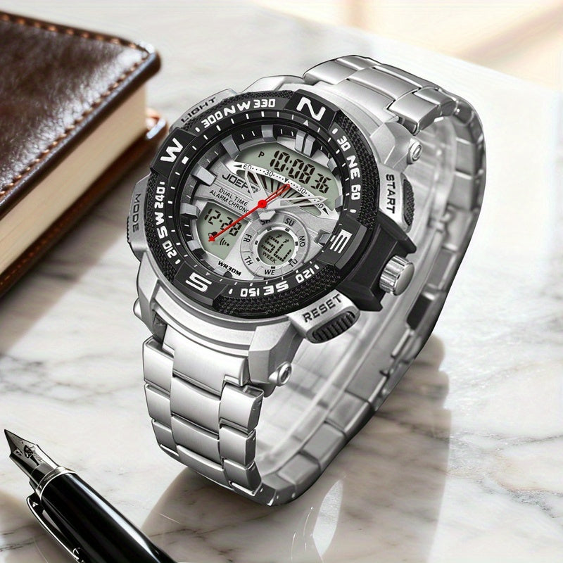 Dual Display Sport Watch for Men Large Face – LED Night Light 3ATM Waterproof Chronograph Alarm Calendar Field Military Style Wristwatch Gold Silver, Perfect Gift for Him