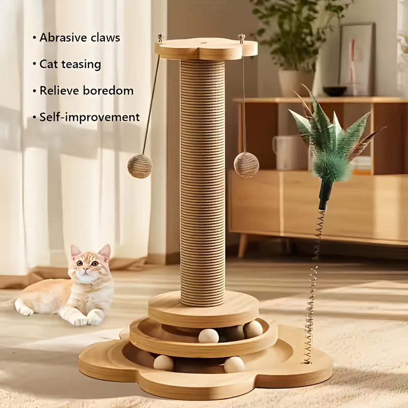 Wooden Cat Scratching Post 5-in-1 Solid Pine Base Tall Sisal Post 2-Level Track Ball Feather Toy Hanging Balls No-Debris Indoor Cat Activity Center Kittens Adults
