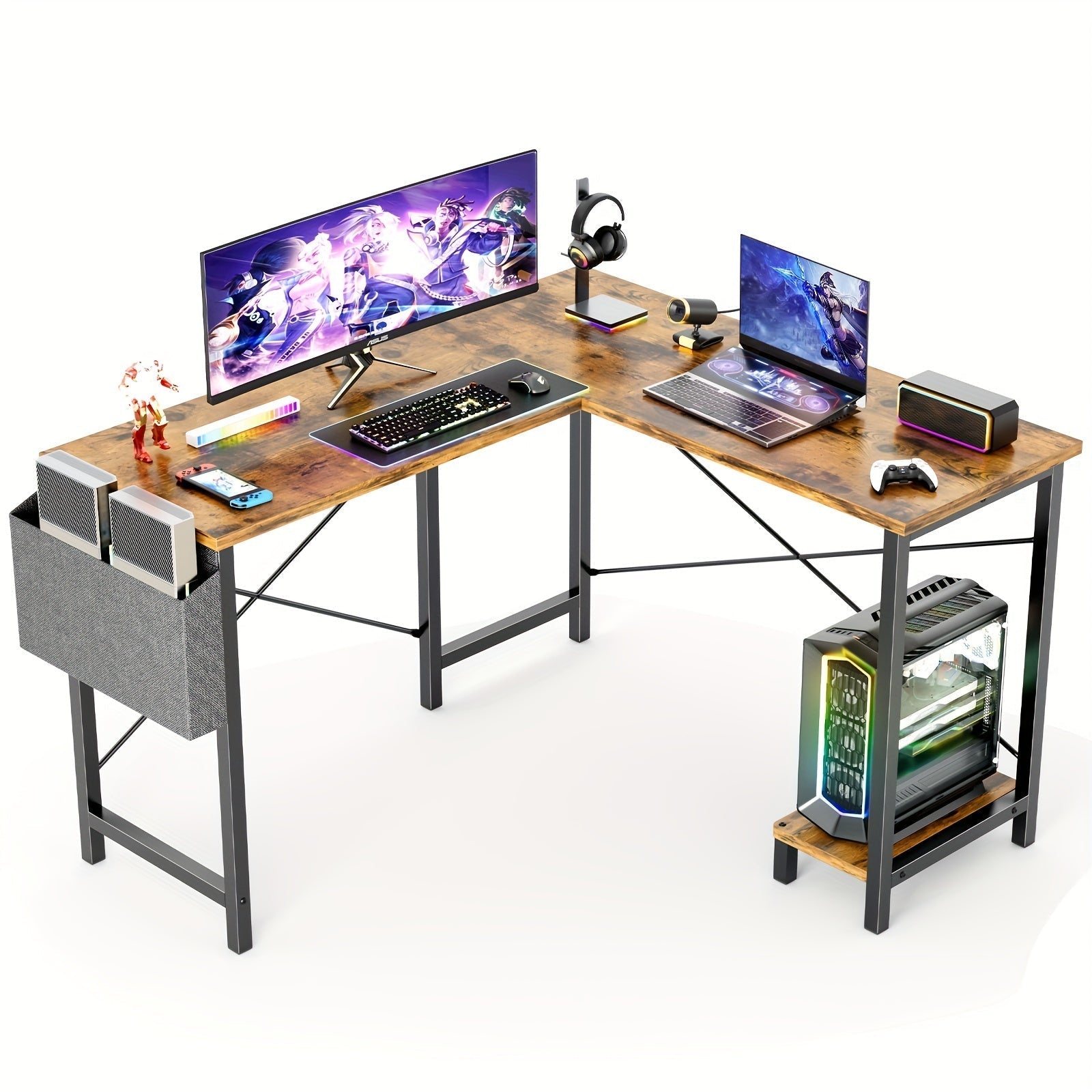 L-Shaped Corner Desk 50 Inch – Gaming & Home Office Computer Desk with CPU Stand, Side Bag & Wooden Desktop, Reversible PC Writing Study Table for Home Office, Dorm & Small Spaces