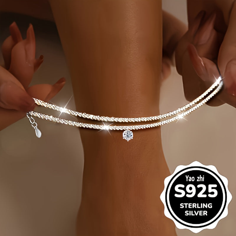 3-Pack 925 Sterling Silver Anklet Set for Women – Sparkling Zirconia Wave & Braided Boho Vintage Design Beach Party Jewelry Gift