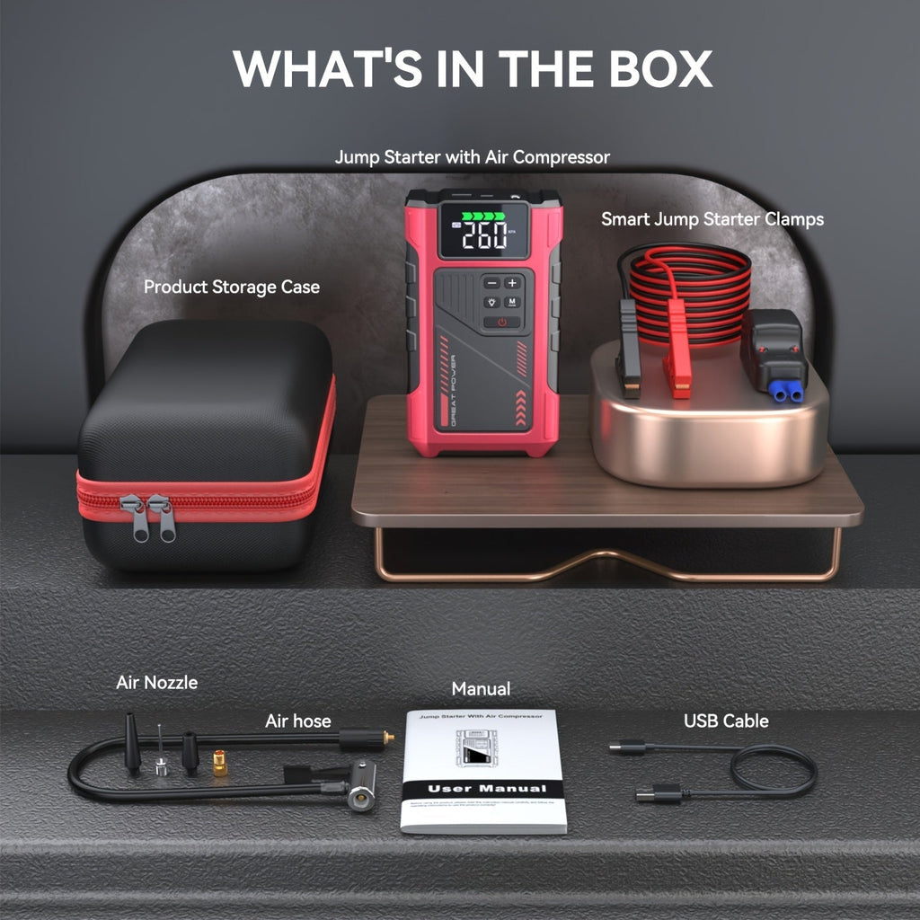 4000A Car Jump Starter with Air Compressor & Tire Inflator – All-in-One Portable Battery Booster for Gas & Diesel Engines, LED Light USB Power Bank Digital Display, Compact Emergency Car Starter