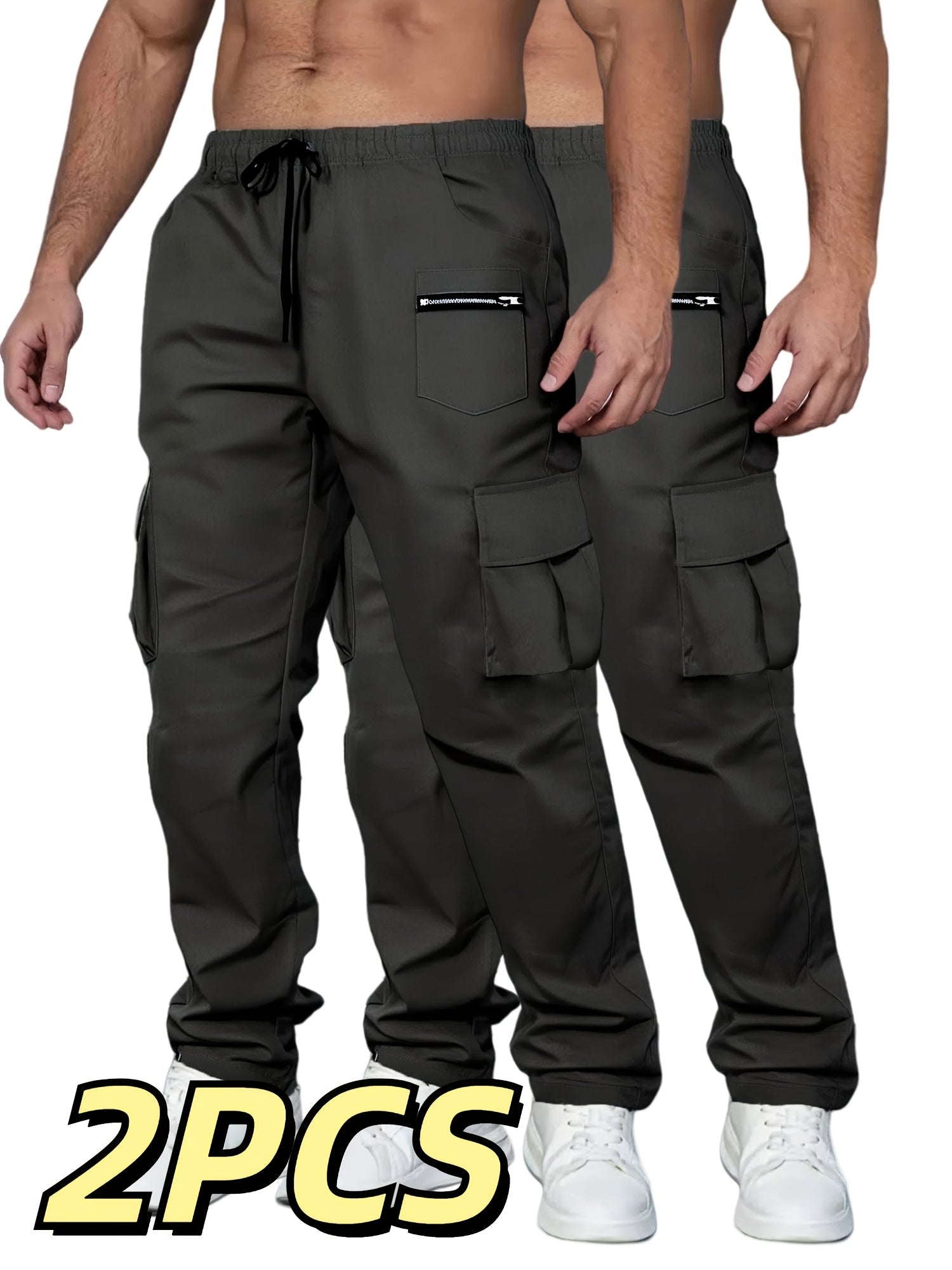 Men's Cargo Pants 2-Pack Multi-Pocket Elastic Waist Drawstring Hiking Trousers Breathable Loose Straight Fit All Season Black Khaki Dark Grey Sizes S-XXL