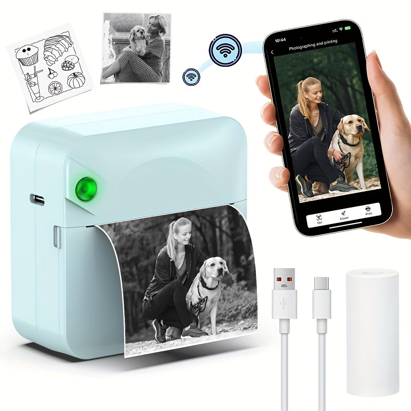 Mini Thermal Sticker Printer Inkless, Wireless Pocket Photo Printer with 1 Roll Thermal Paper, Portable Bluetooth Label Maker for Photos, Journaling, Notes & Memos – Cute Gift for Girls & Students