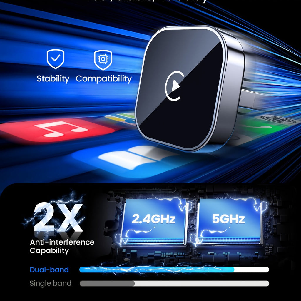 Wireless CarPlay Adapter 2026 Upgraded Mini Dongle 2-in-1 iPhone Android Auto Convert Wired to Wireless USB-A USB-C Dual-Band Low Latency Auto Connect FCC Certified