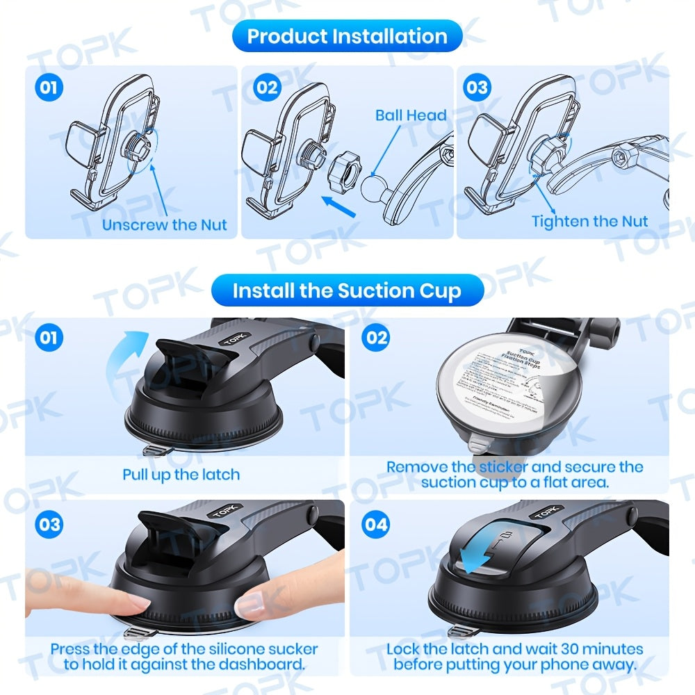 Car Phone Holder Dashboard Mount Universal Hands-Free Cell Phone Car Mount for iPhone 17 16 15 14 Samsung Galaxy Android Smartphones Upgraded Secure Rattle-Free Dash Mount Black