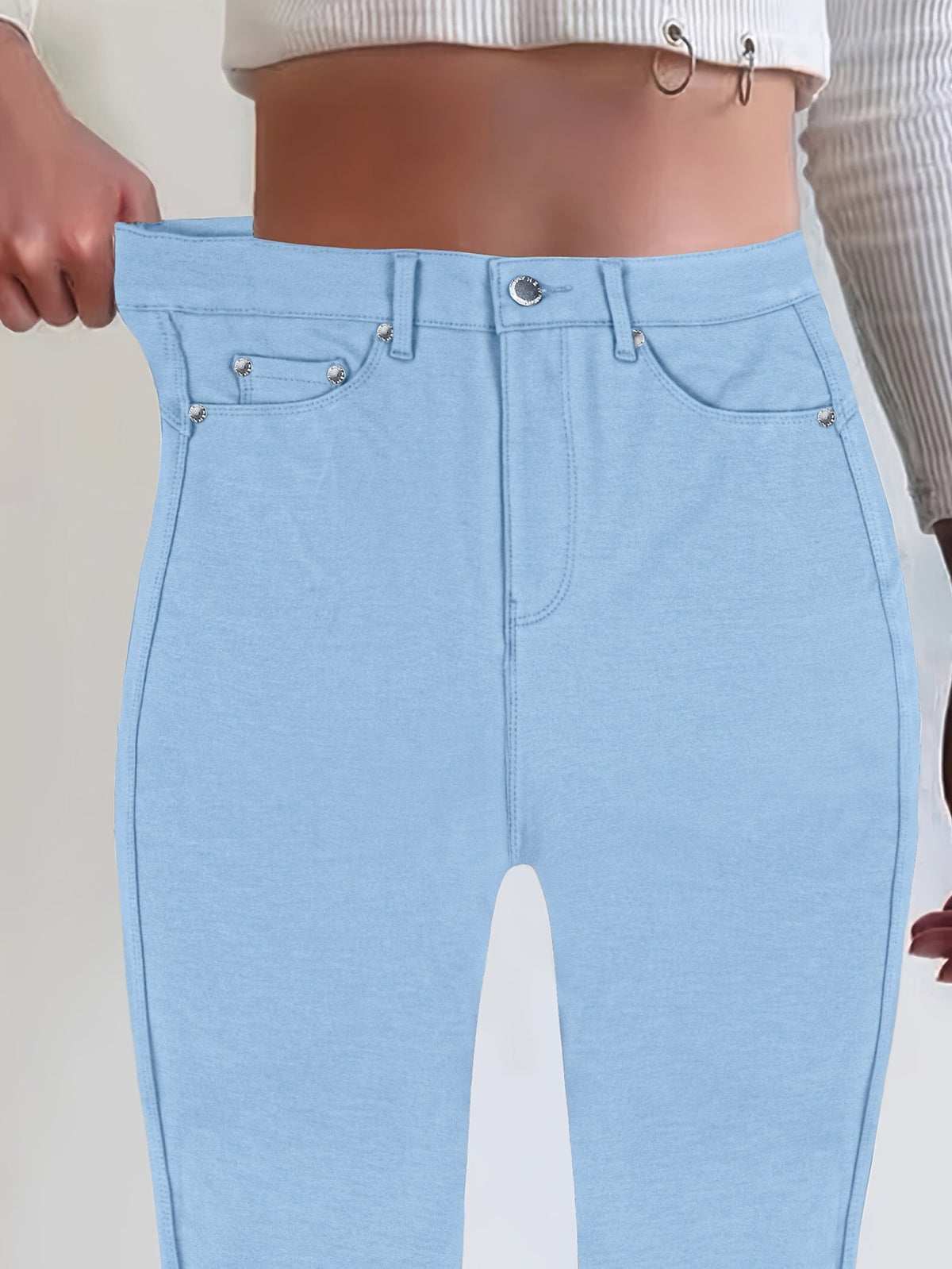 High Waist Stretch Skinny Jeans Women Metal Button Detail Street Style Slim Fit Denim Pants 10 Colors S-XXL