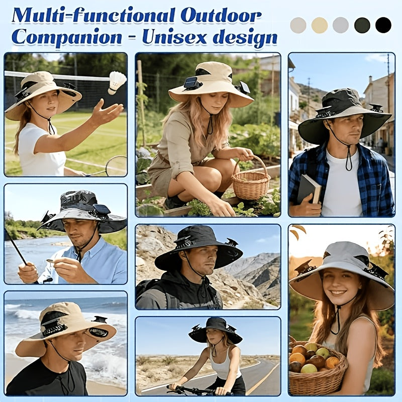 Solar Powered Cooling Fan Wide Brim Sun Hat with 2 Built-In Solar Fans – Adjustable Wind Speed Breathable Mesh UV Protection Outdoor Hat with Chin Strap for Fishing Camping & Hiking