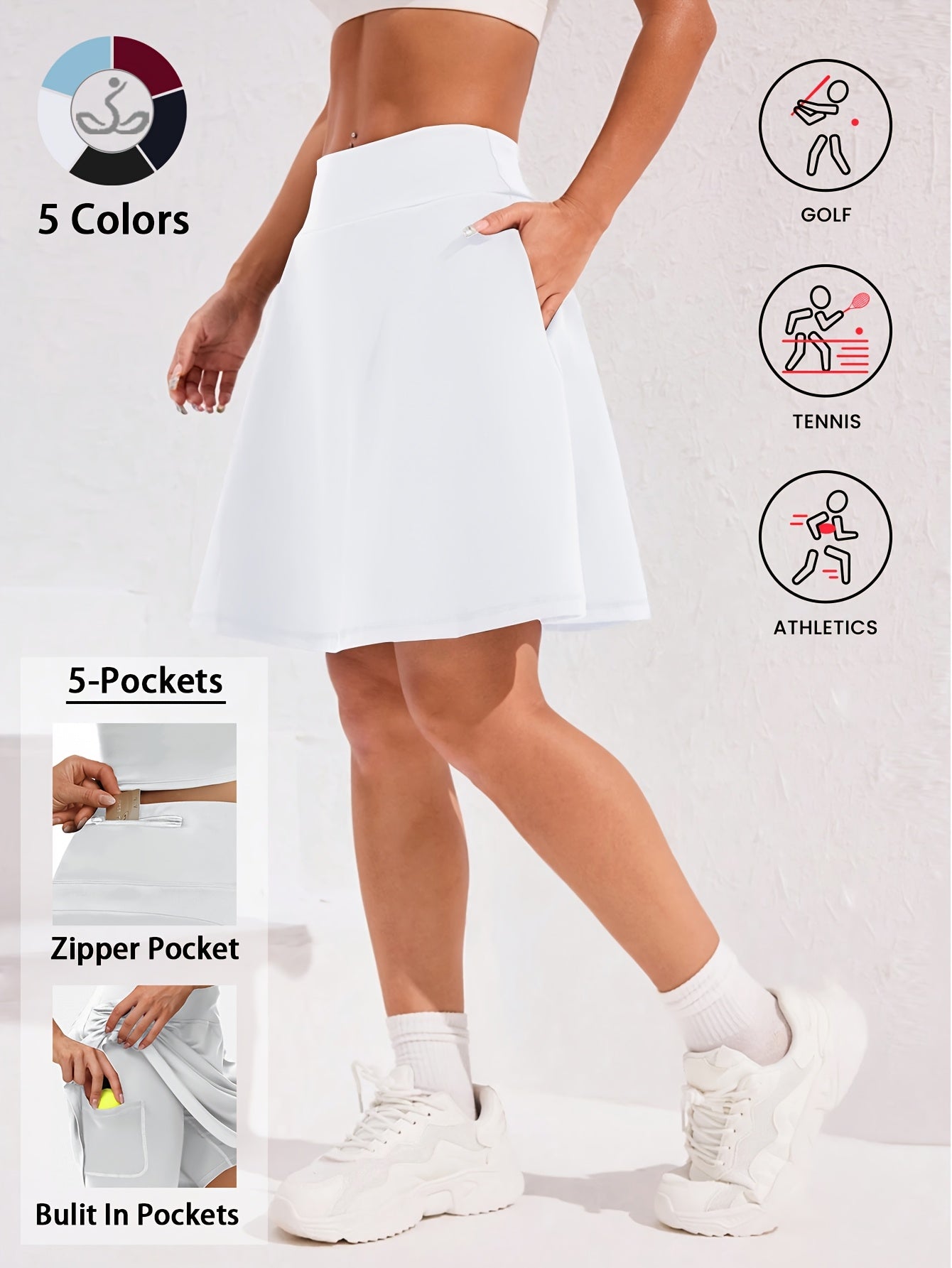 Women's 20-Inch Knee Length Skorts with 5 Pockets – High Waist Built-In Shorts Athletic Skirt for Tennis Golf Pickleball Hiking Casual Wear, Sizes S-XXL, 5 Colors Black White Navy Sky Blue Deep Red