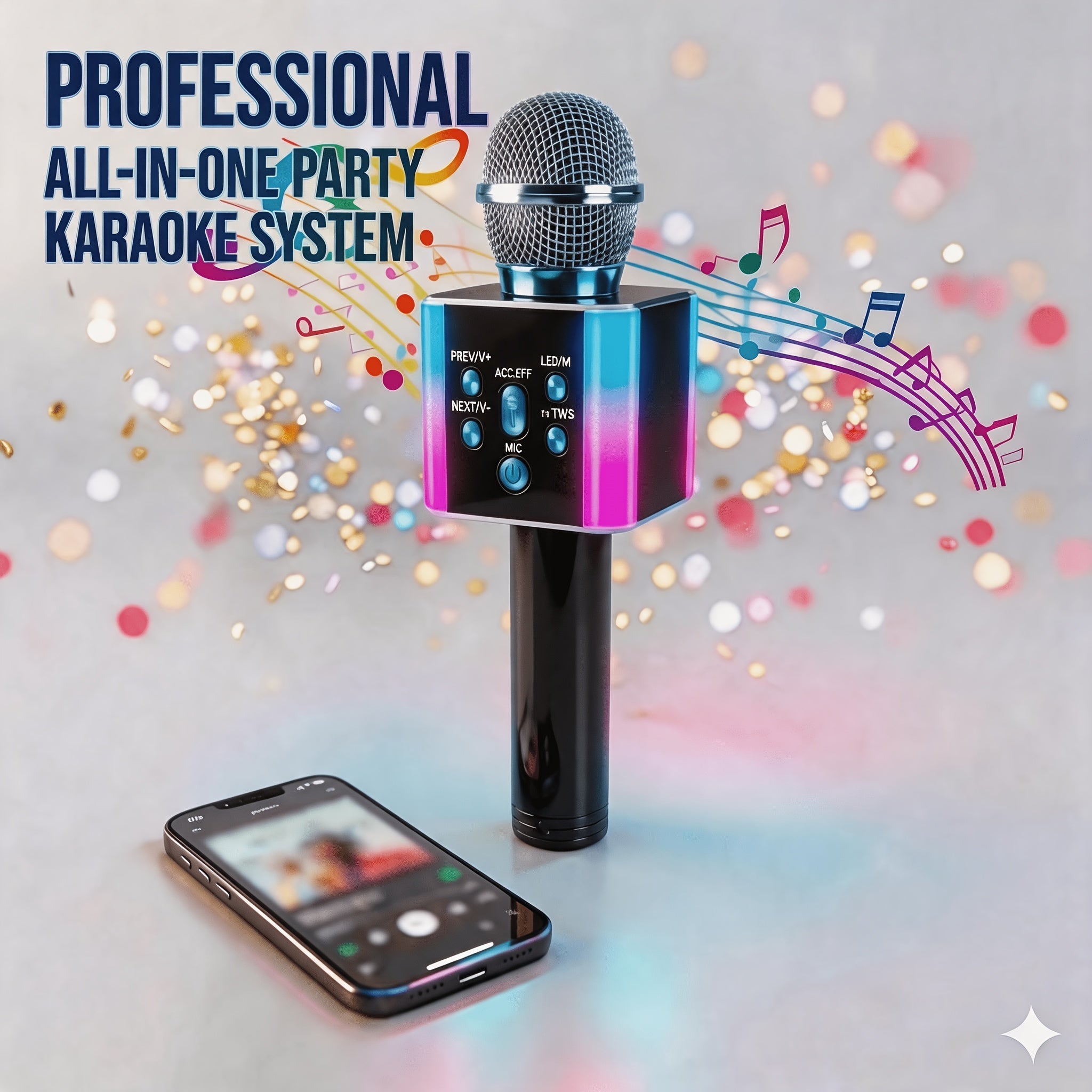 5-in-1 Wireless Karaoke Microphone with Built-In Speaker, LED Lights & Voice Changer – Portable Bluetooth Singing Mic for Parties, Family Gatherings, Travel & Outdoor Fun, 10 Colors