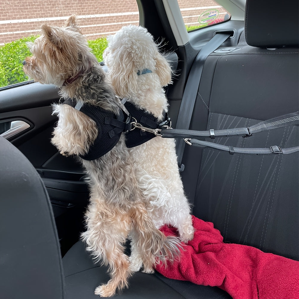 Dual Dog Car Seat Belt 2 Dogs Simultaneously No-Tangle Adjustable Bungee Headrest Clip Pet Safety Harness Small Medium Large Dogs Travel Black Red Rose Red