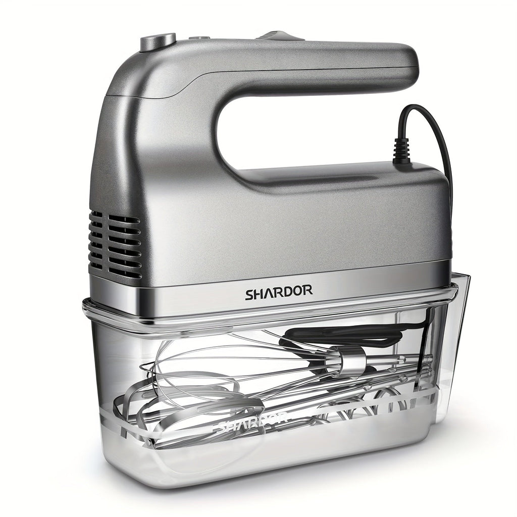 Electric Hand Mixer 5-Speed Plus Turbo with Storage Case & 5 Stainless Steel Attachments - 2 Beaters, 2 Dough Hooks, 1 Whisk, Handheld Kitchen Mixer for Baking, Silver