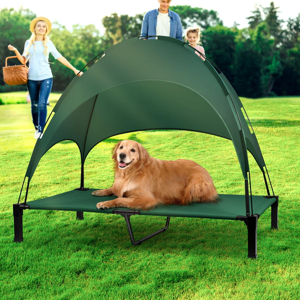 Elevated Dog Bed with Removable Canopy Shade Tent – Portable Raised Outdoor Cooling Pet Cot for Dogs & Cats, Breathable Mesh, Lightweight Foldable Design for Camping, Yard & Patio