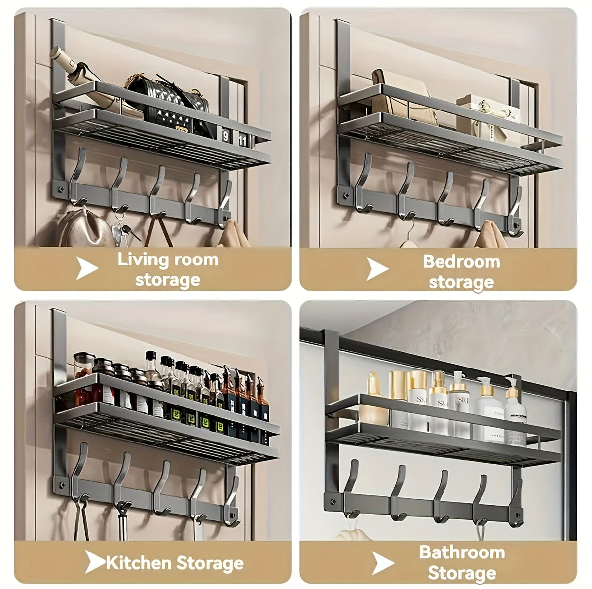 Over-the-Door Storage Rack with Hooks Heavy Duty Metal Organizer for Bedroom Bathroom Kitchen Closet Door Hanger No Tools Required 4 to 8 Hooks