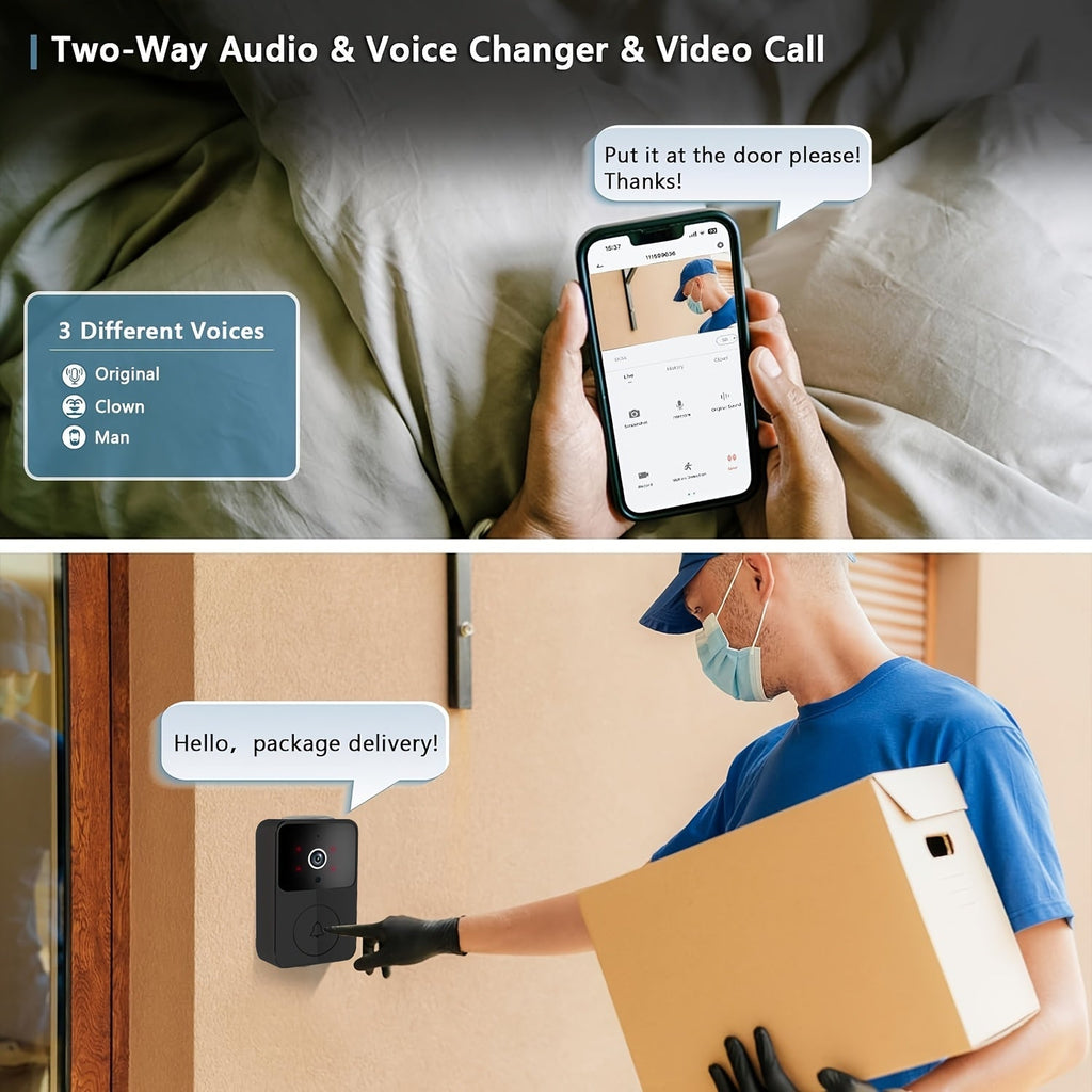 Wireless Video Doorbell Camera with HD Night Vision, Motion Alerts & Two-Way Audio – Smart WiFi Doorbell with Remote Mobile View, Voice Changer, Photo Capture & Rechargeable Battery for Home Security